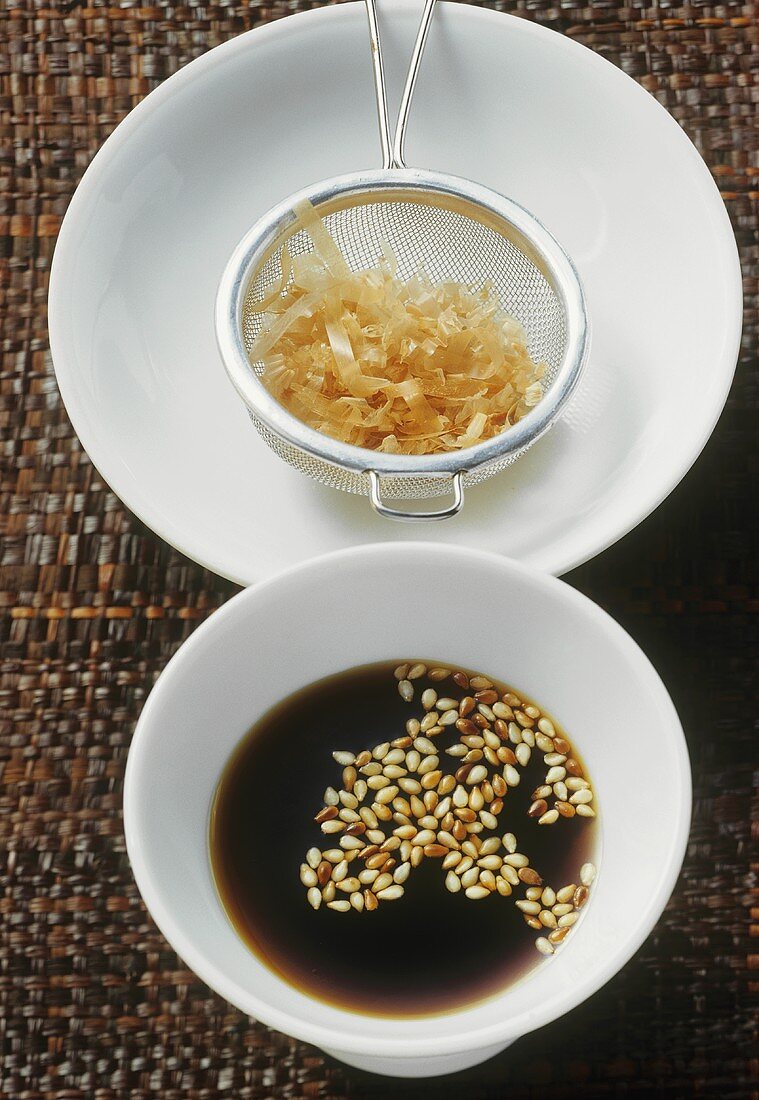 Sesame soy sauce, bonito flakes in a sieve