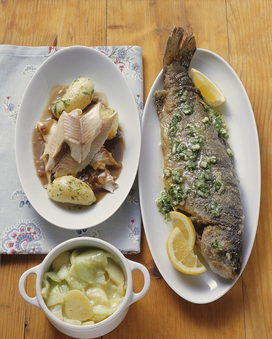 Baked trout with herb butter, trout in beer sauce