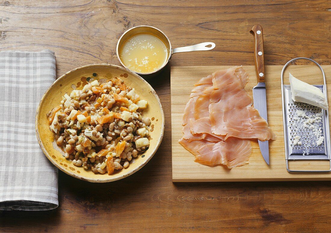 Bean and lentil salad with smoked salmon and horseradish