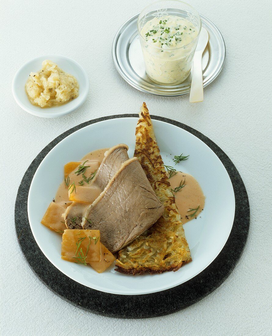 Boiled beef rump with pumpkin and rösti, chive sauce