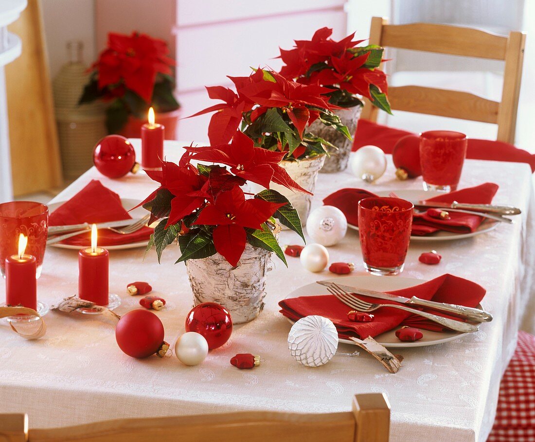 Weihnachtlicher Tisch mit Weihnachtsstern, Weihnachtskugeln