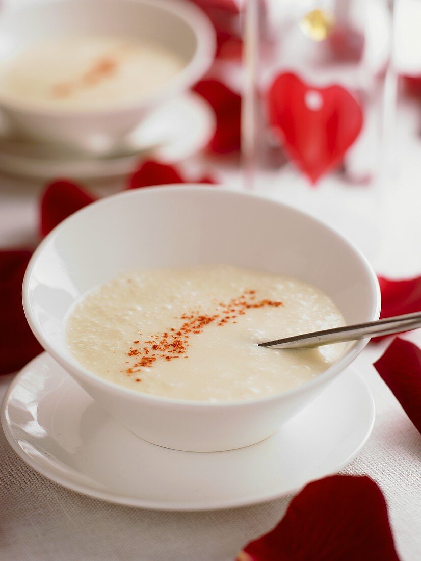 Cream of potato soup with rose petals