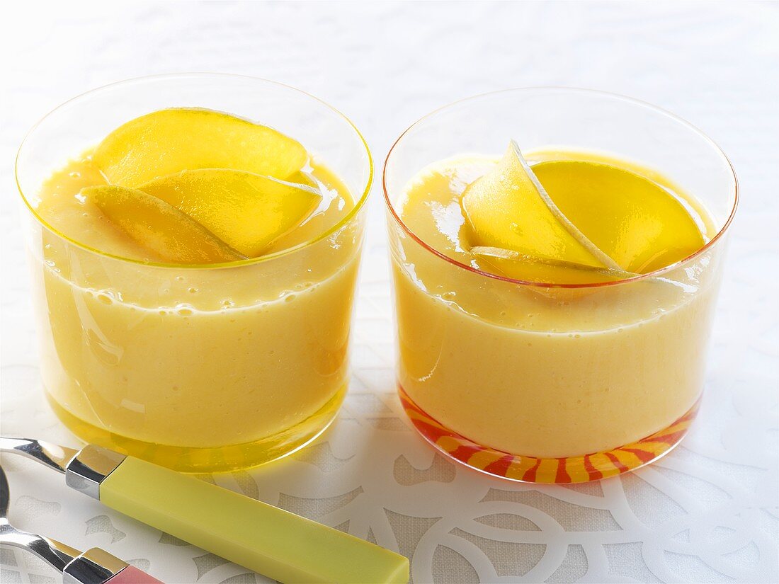 Mango lassi made with kefir in two glasses