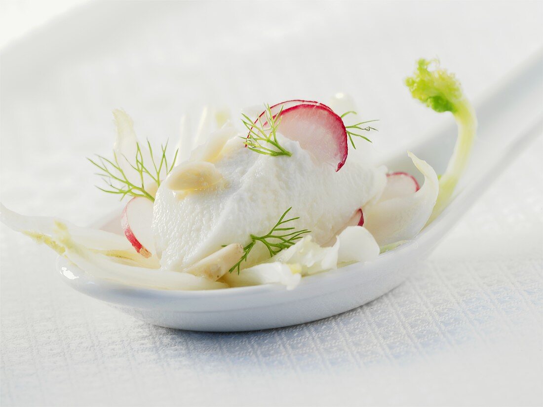 Fresh goat's cheese on fennel with radishes on china spoon