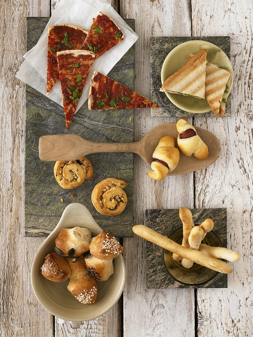 Assorted bread rolls and savoury pastries