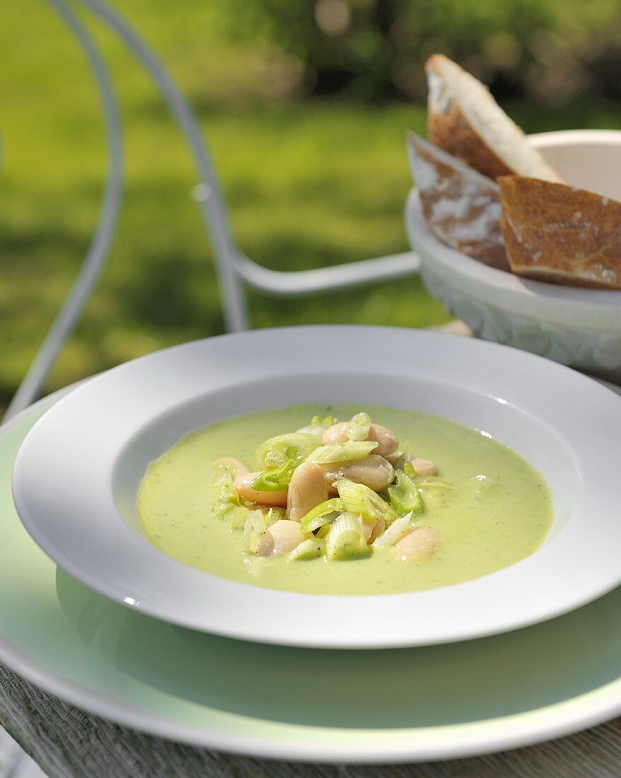 Kalte Erbsen-Minzsuppe mit Frühlingszwiebeln im Freien