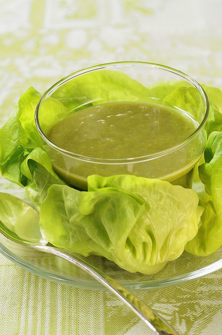 Lettuce soup in a glass bowl with lettuce