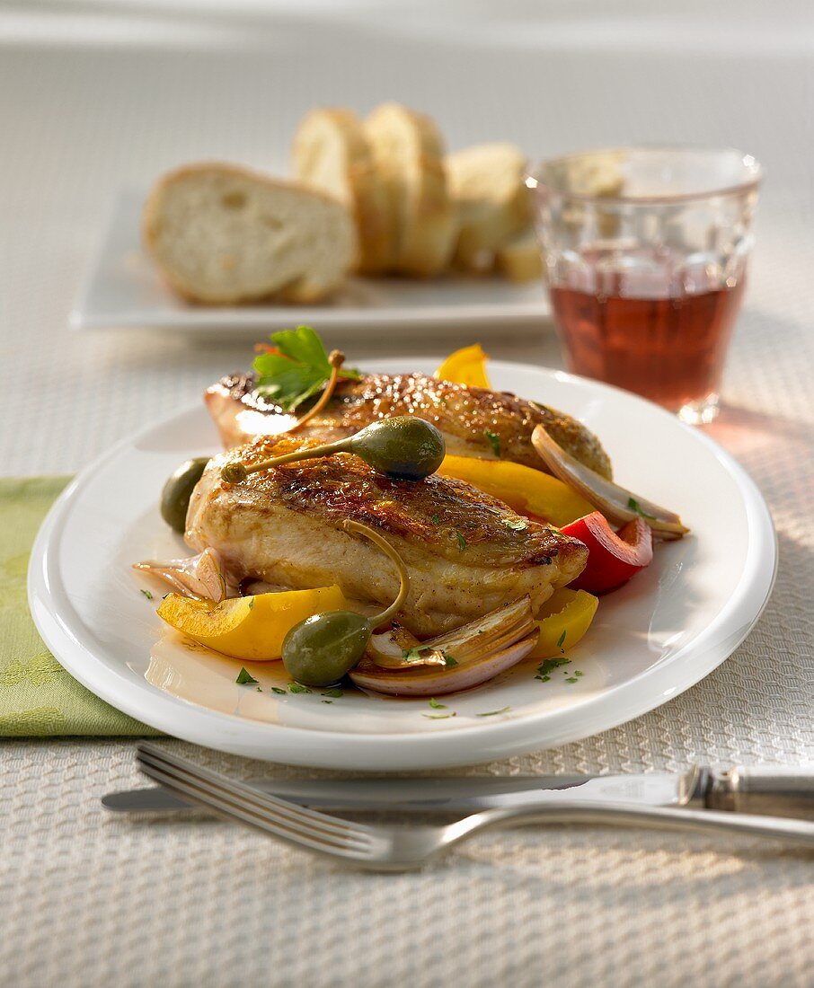 Gebratene Hähnchenteile mit Paprika und Kapernäpfeln