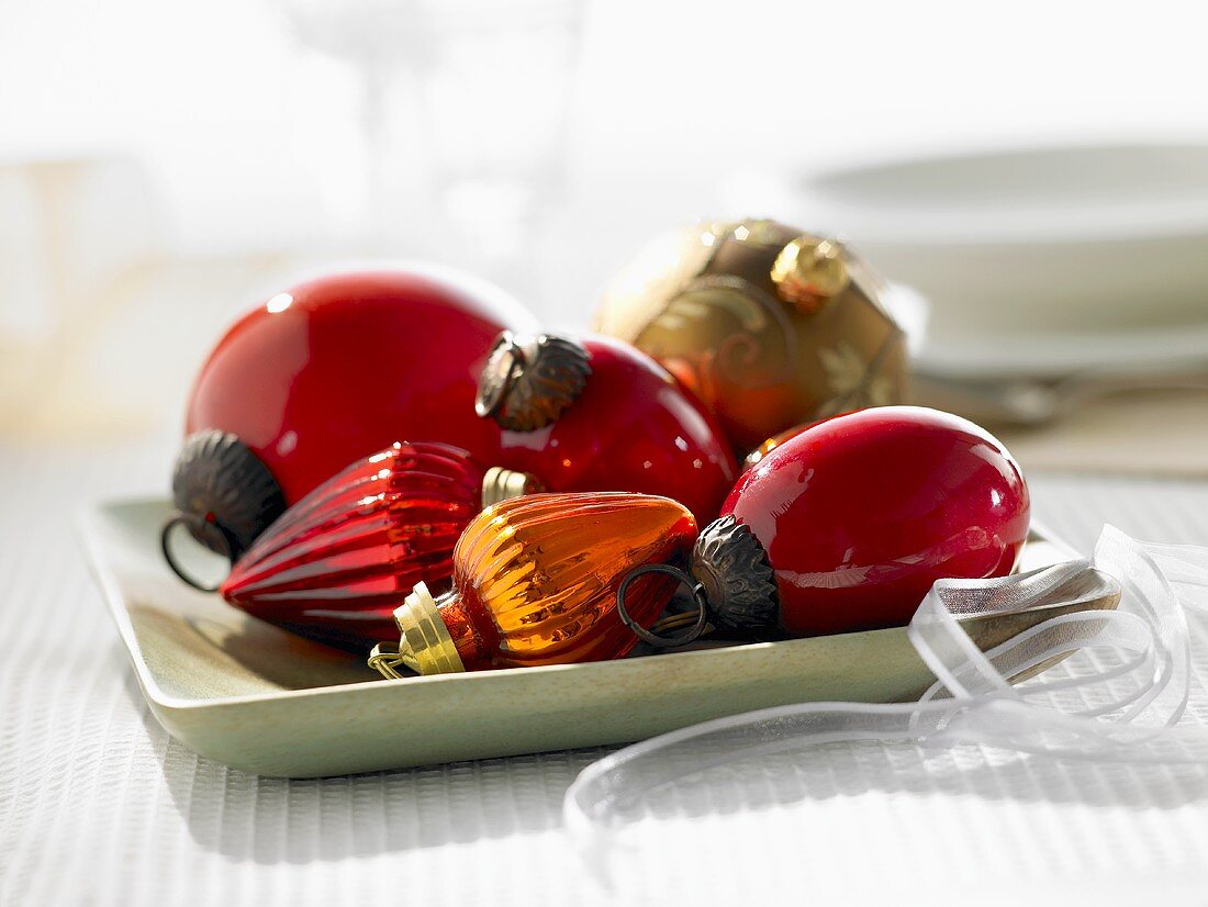 Christmas baubles on a plate