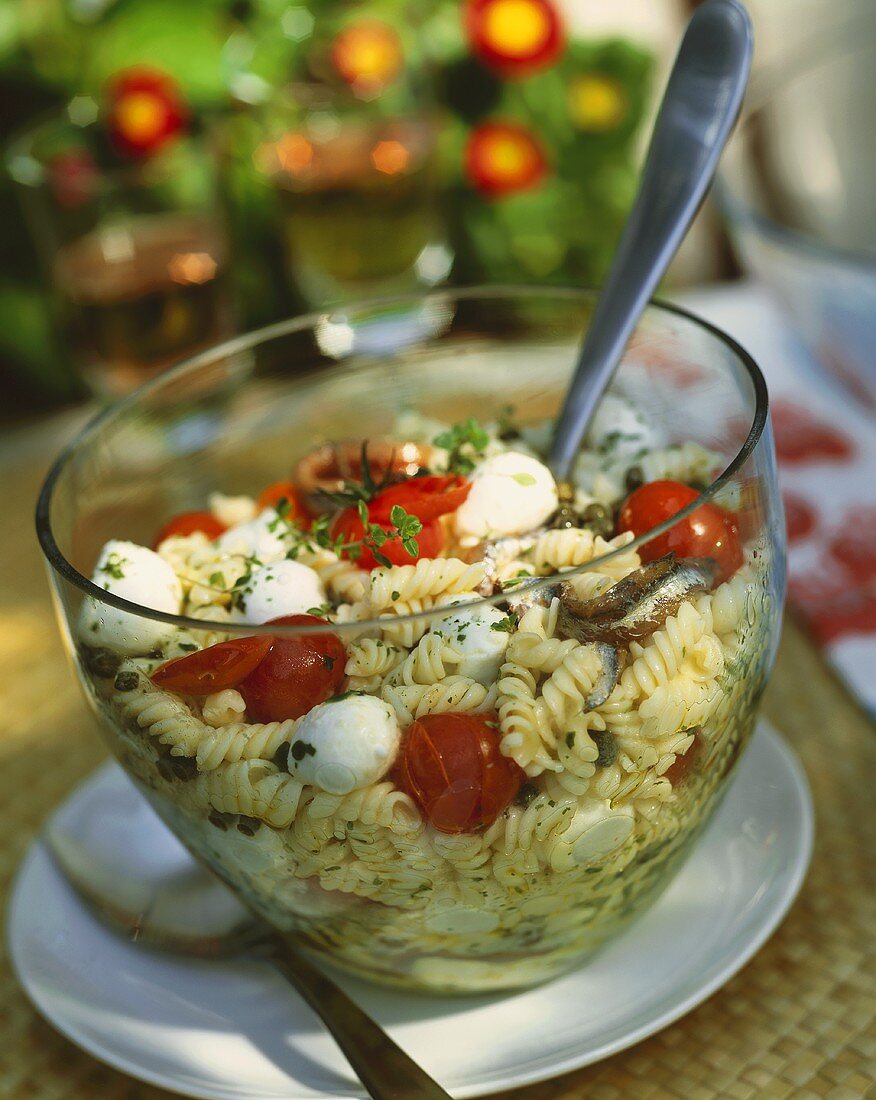 Nudelsalat mit Tomaten, Mozzarella und Anchovis