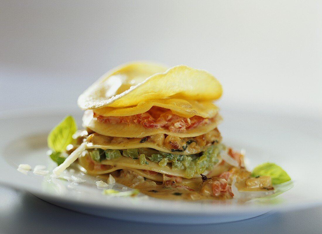 Vegetarian lasagne with tomato, peppers and courgettes