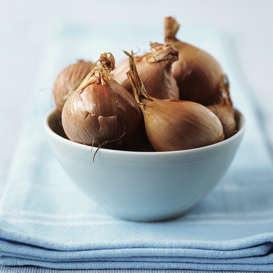 Onions in a ceramic bowl on a tea towel