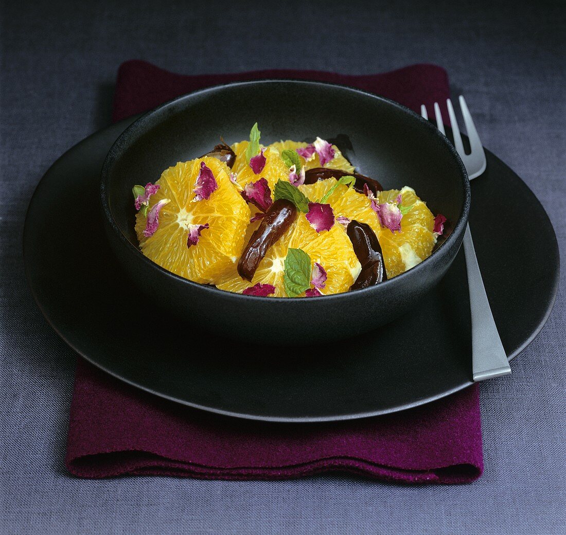 Orange and chilli salad with rose petals and mint