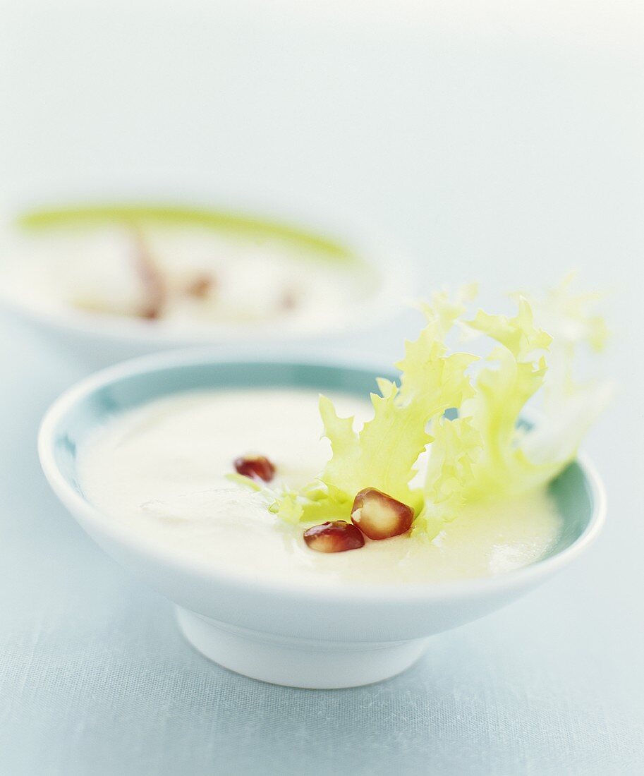 Cold vegetable soup with pomegranate seeds in bowl