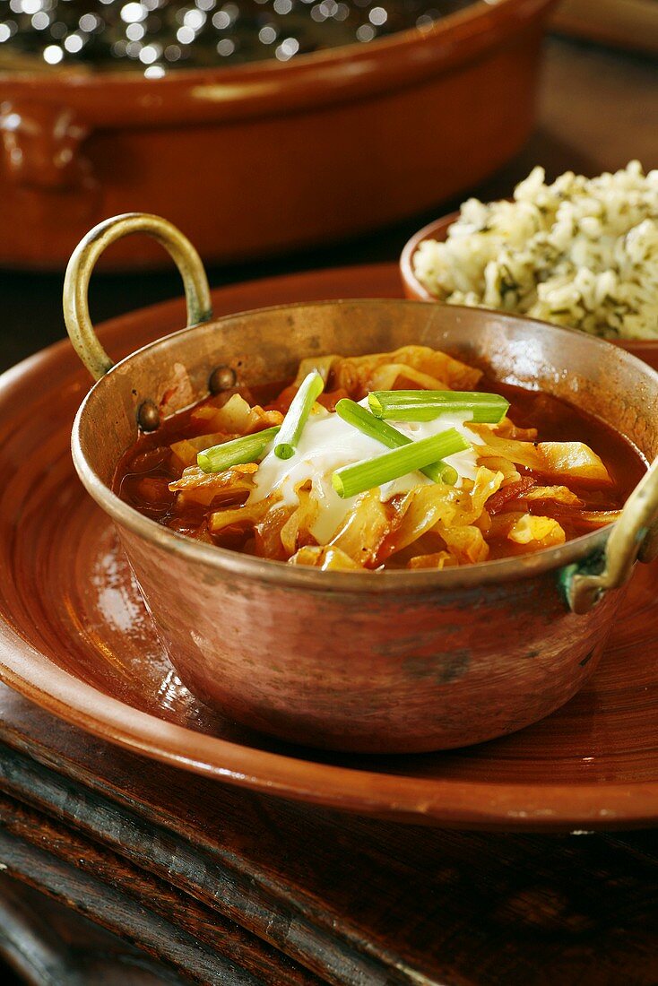 Cabbage soup in a copper pot