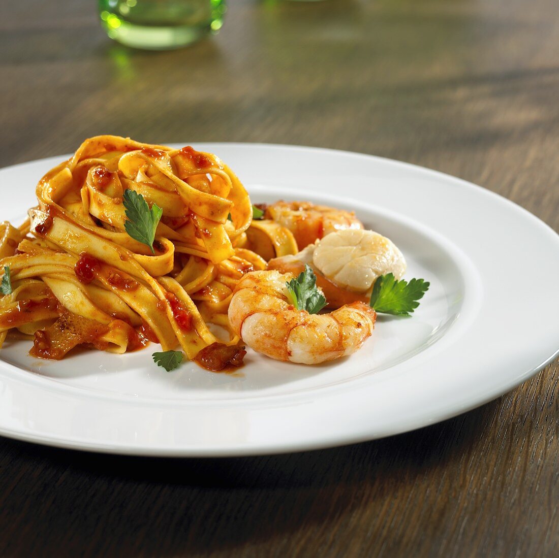 Tagliatelle with tomato and vodka sauce, prawns, scallops