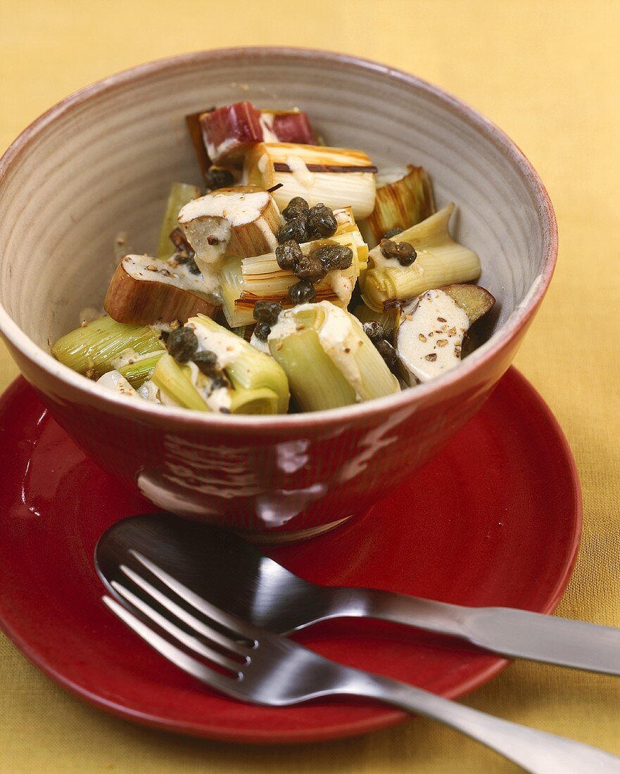 Leeks and rhubarb in mustard and caper sauce