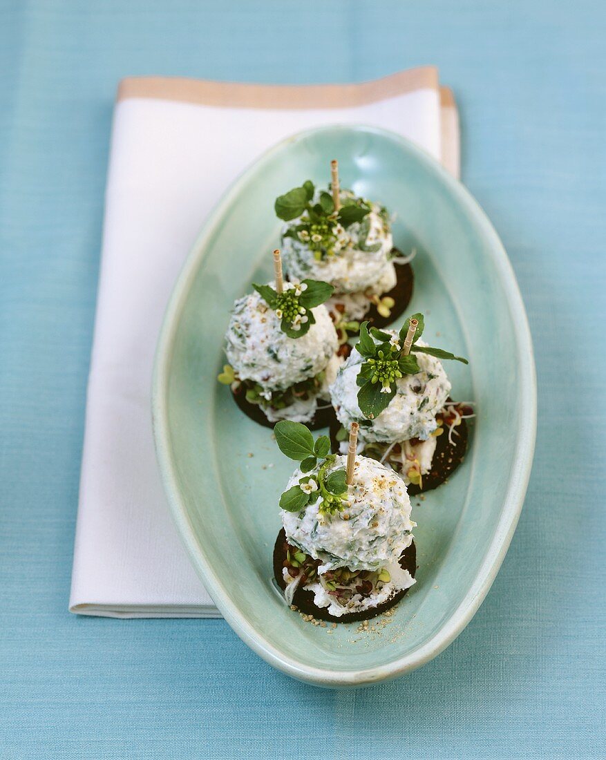 Ricotta and nettle balls on sprouts and pumpernickel