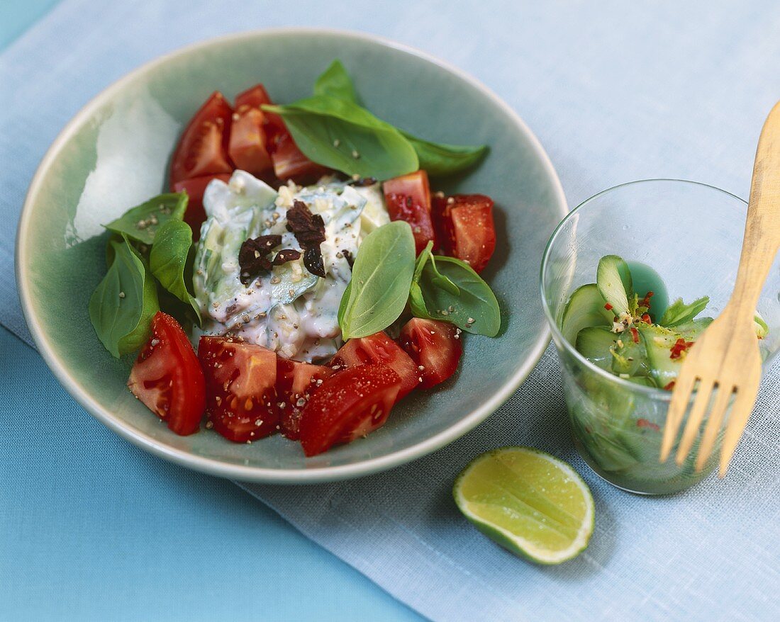 Tomaten-Gurkensalat mit Oliven-Joghurtsauce und Basilikum