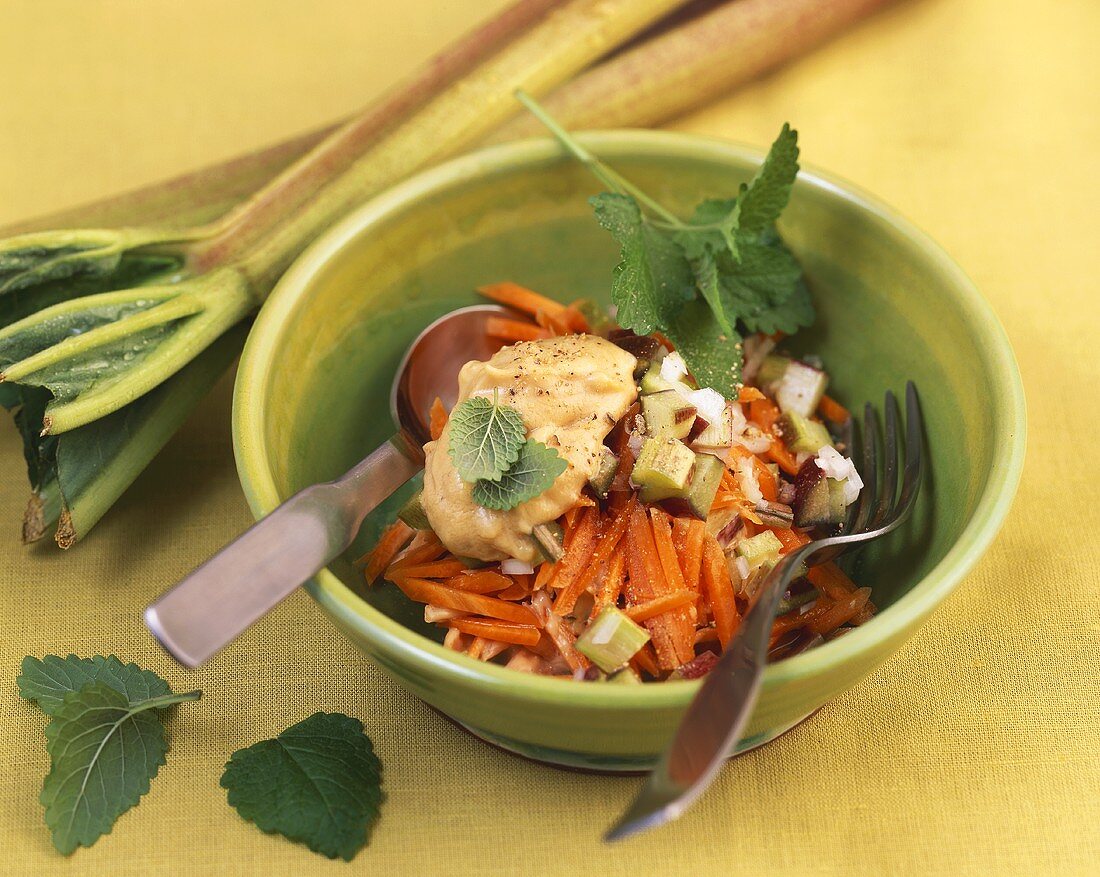 Carrot and rhubarb salad with peanut butter and lemon balm