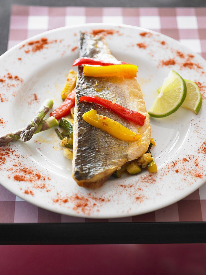 Sea bass on courgettes and peppers