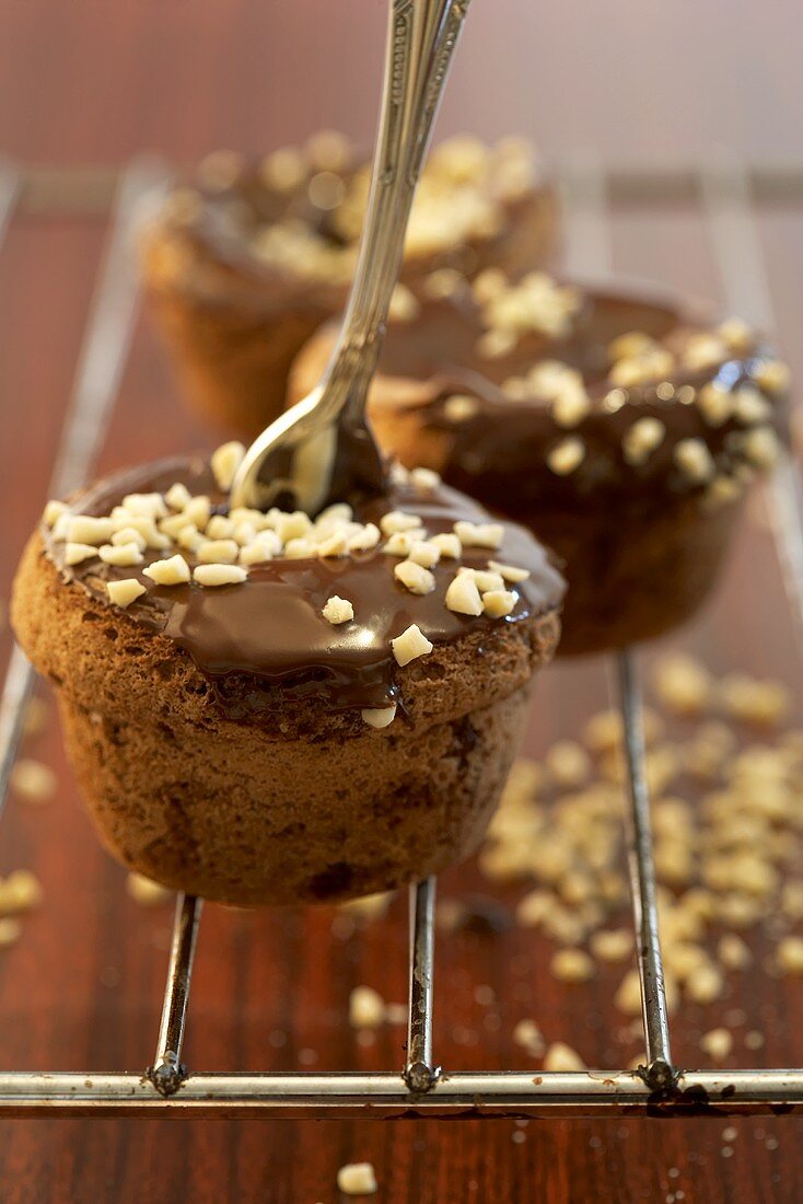 Muffins with chocolate icing and nuts on a cake rack