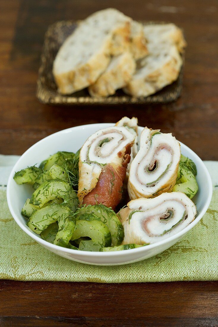Turkey roll stuffed with Parma ham & sage, braised cucumber