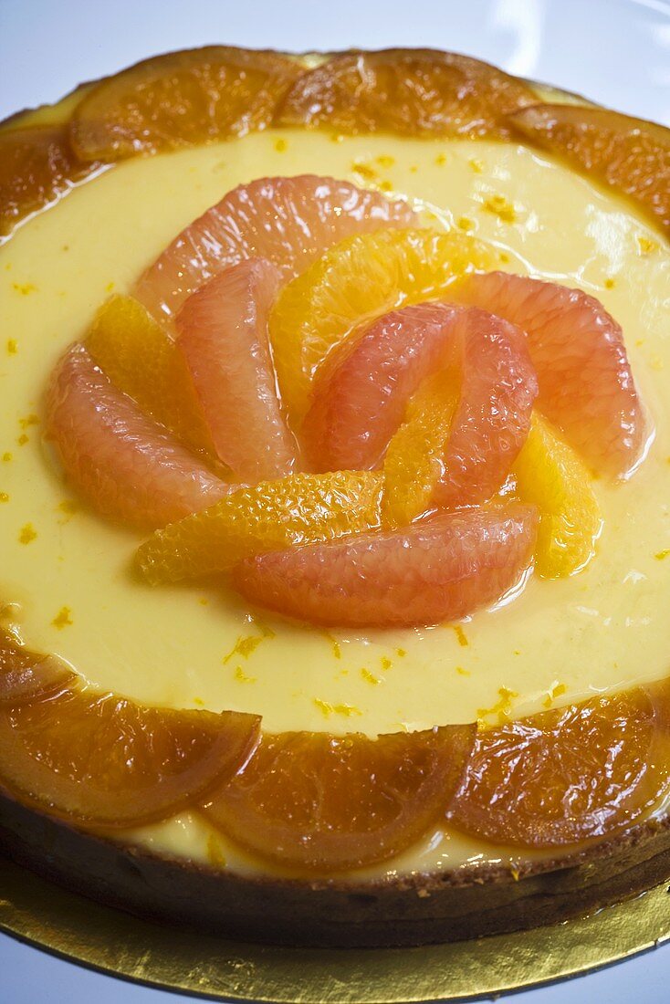 Vanilla custard tart with orange and grapefruit segments