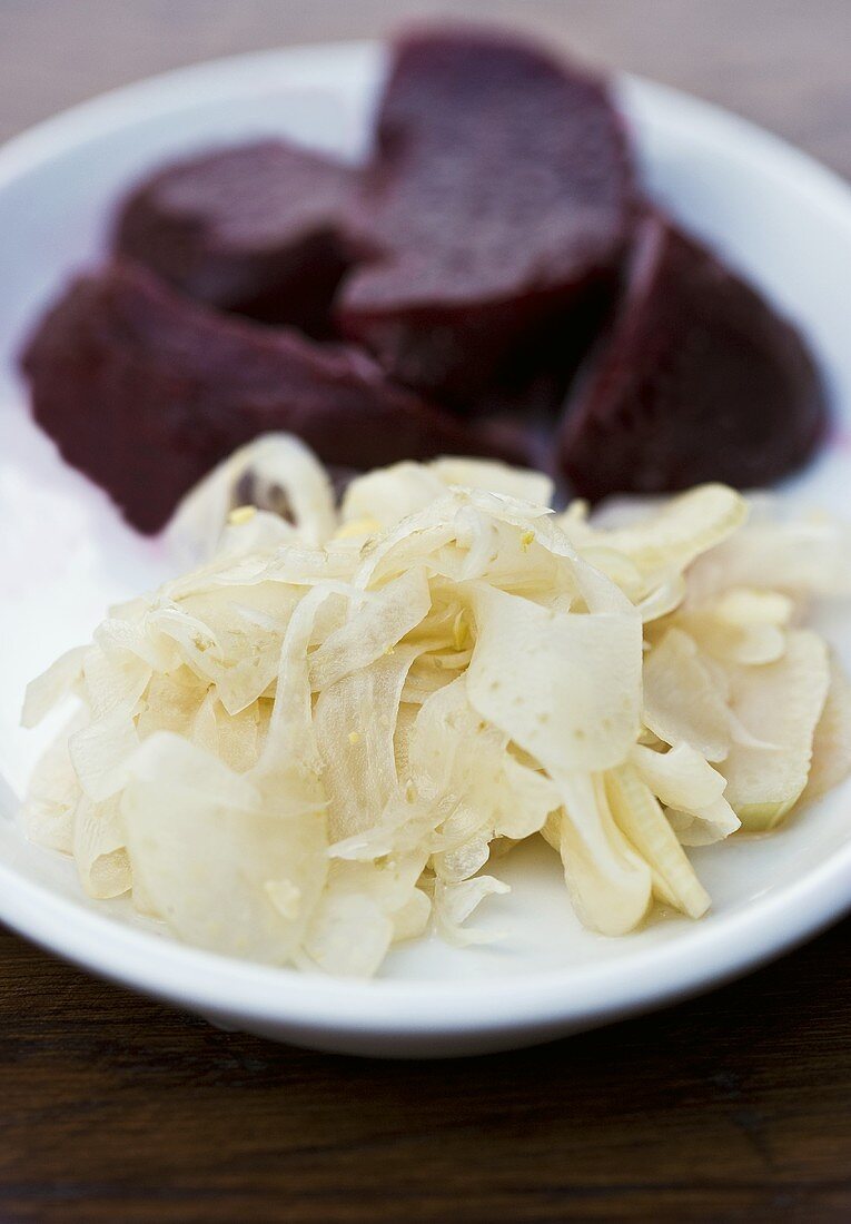 Pickled fennel and beetroot on a plate