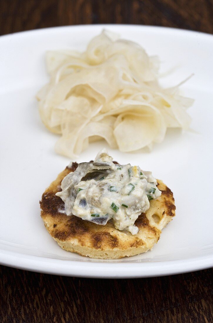 Blini with horseradish cream and pickled fennel