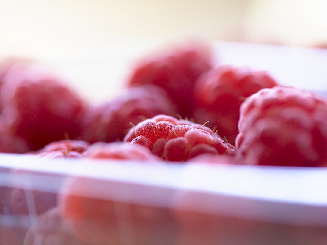 Raspberries in a plastic container