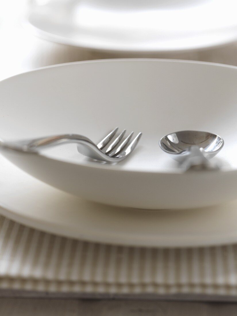 Plate and soup plate with spoon and fork