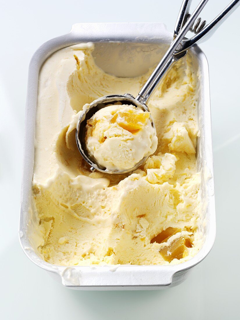 Vanilla ice cream with ice cream scoop in container