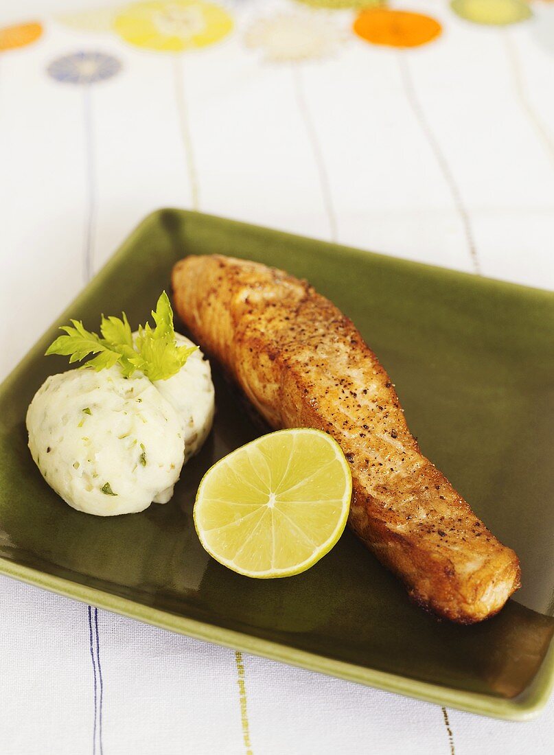 Fried salmon fillet with coriander mashed potato