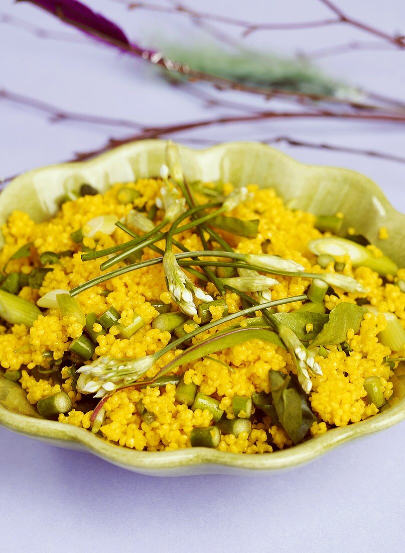 Millet salad with saffron, spring onions and herbs