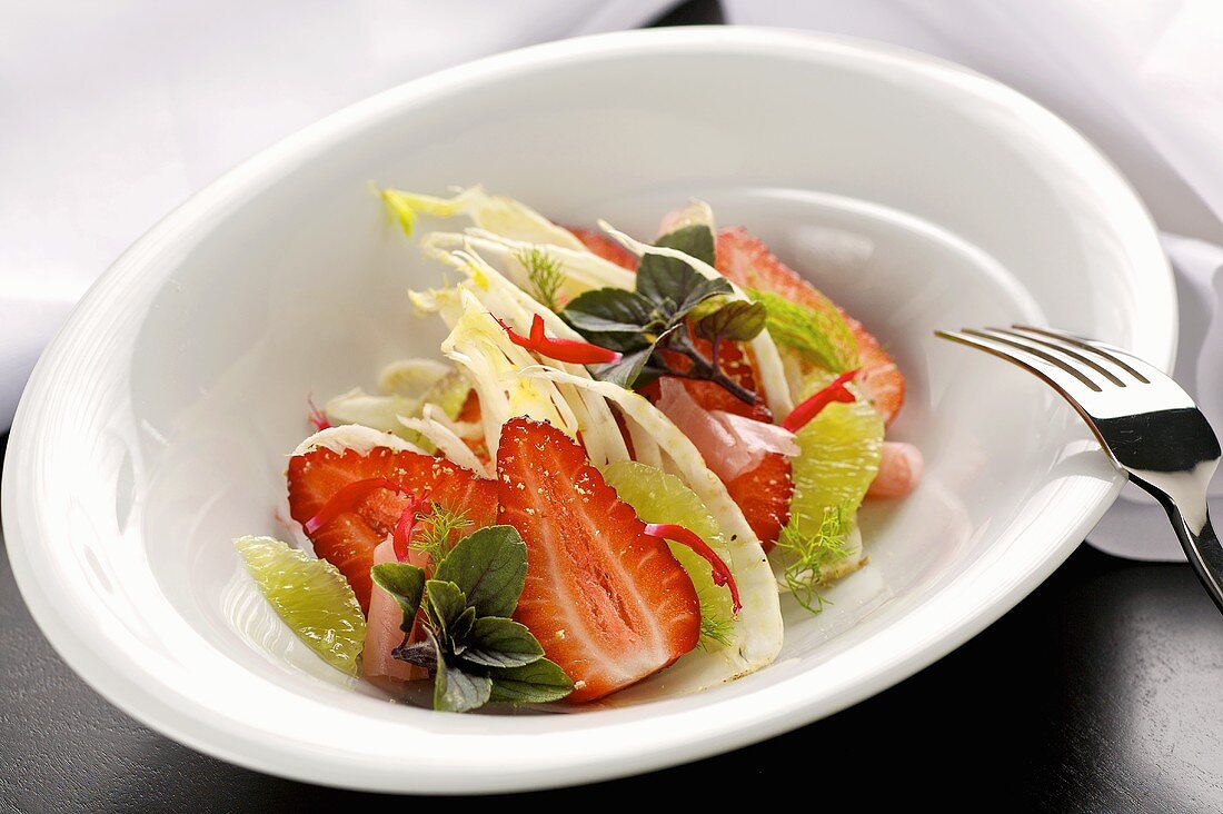 Strawberry & fennel salad with lime segments & lemon balm flowers