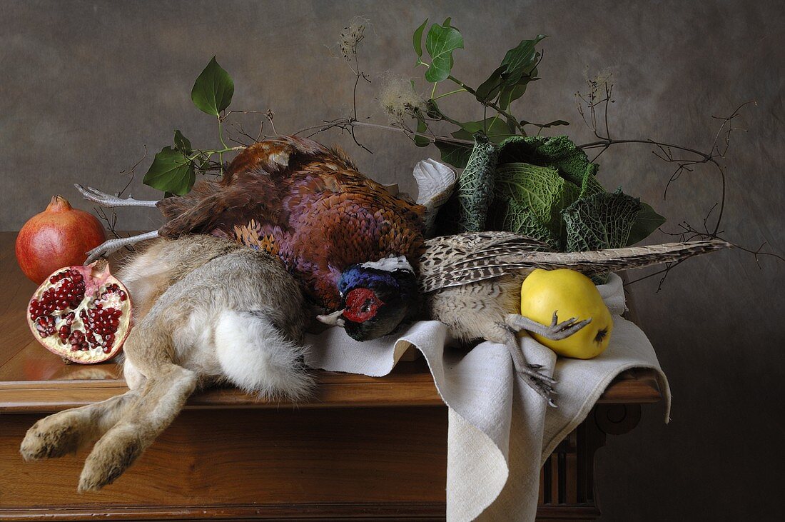 Autumnal hunting still life with game, fruit & vegetables