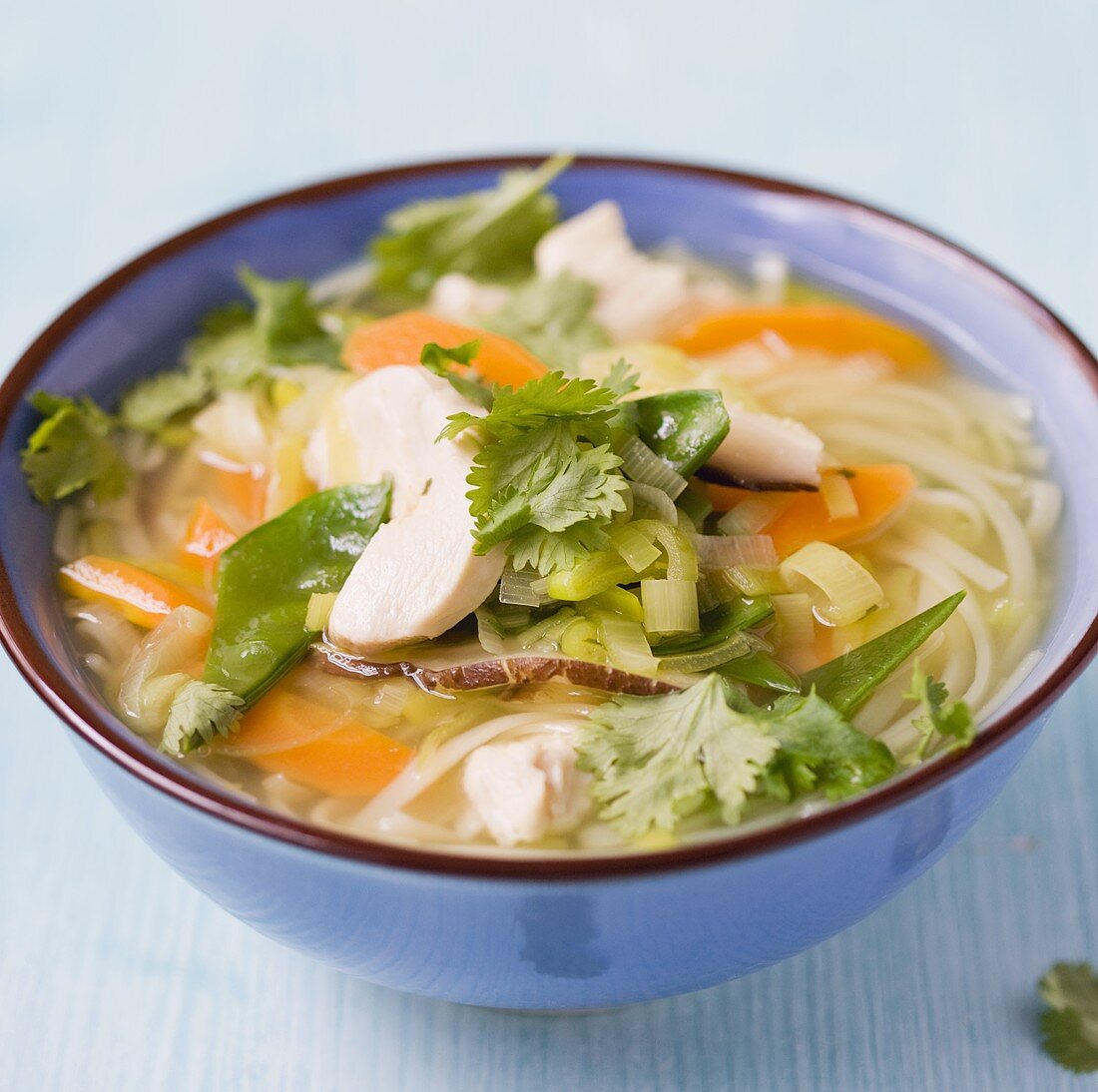 Rice noodle soup with chicken and vegetables