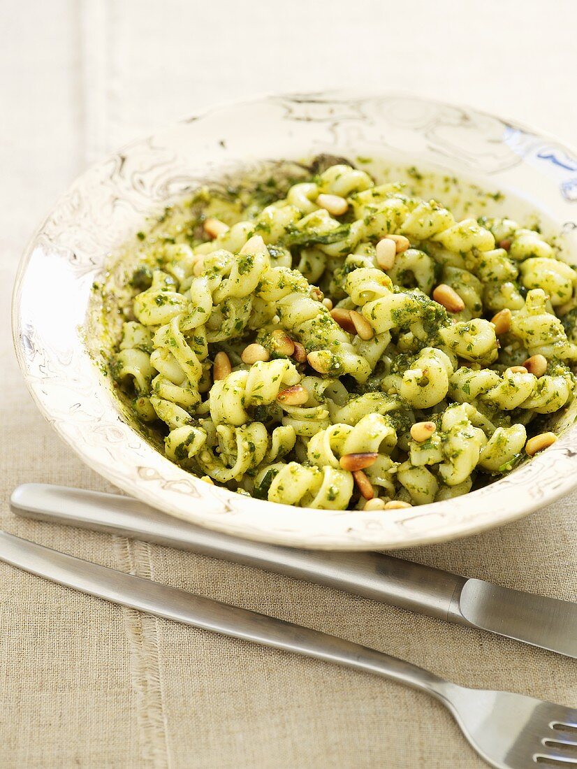 Pasta with pesto and pine nuts