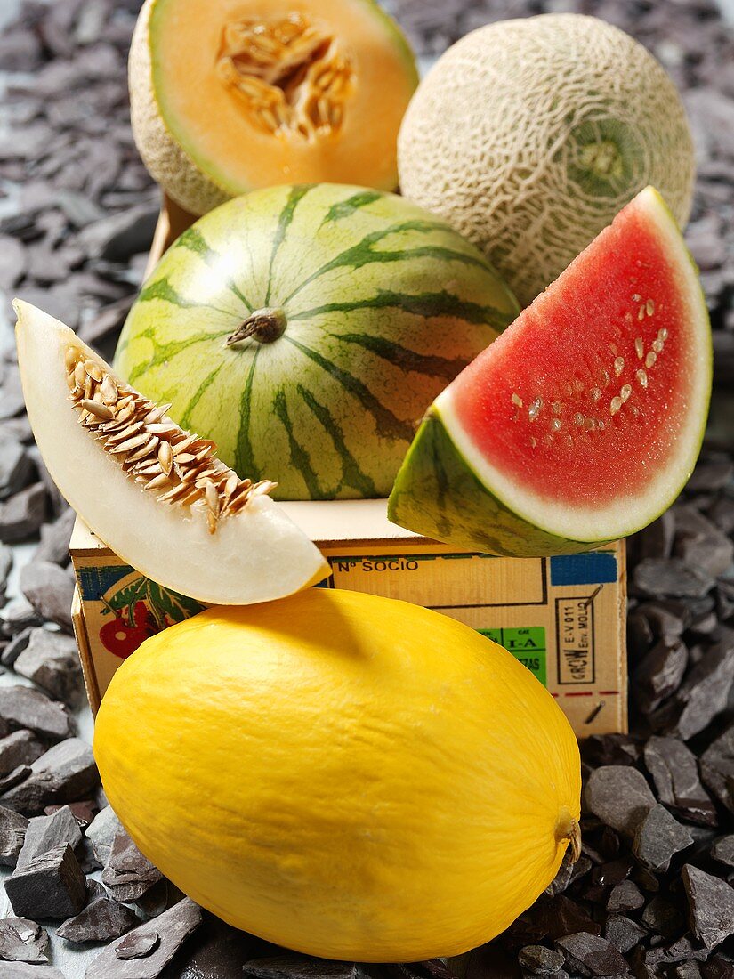 Assorted whole melons and melon wedges