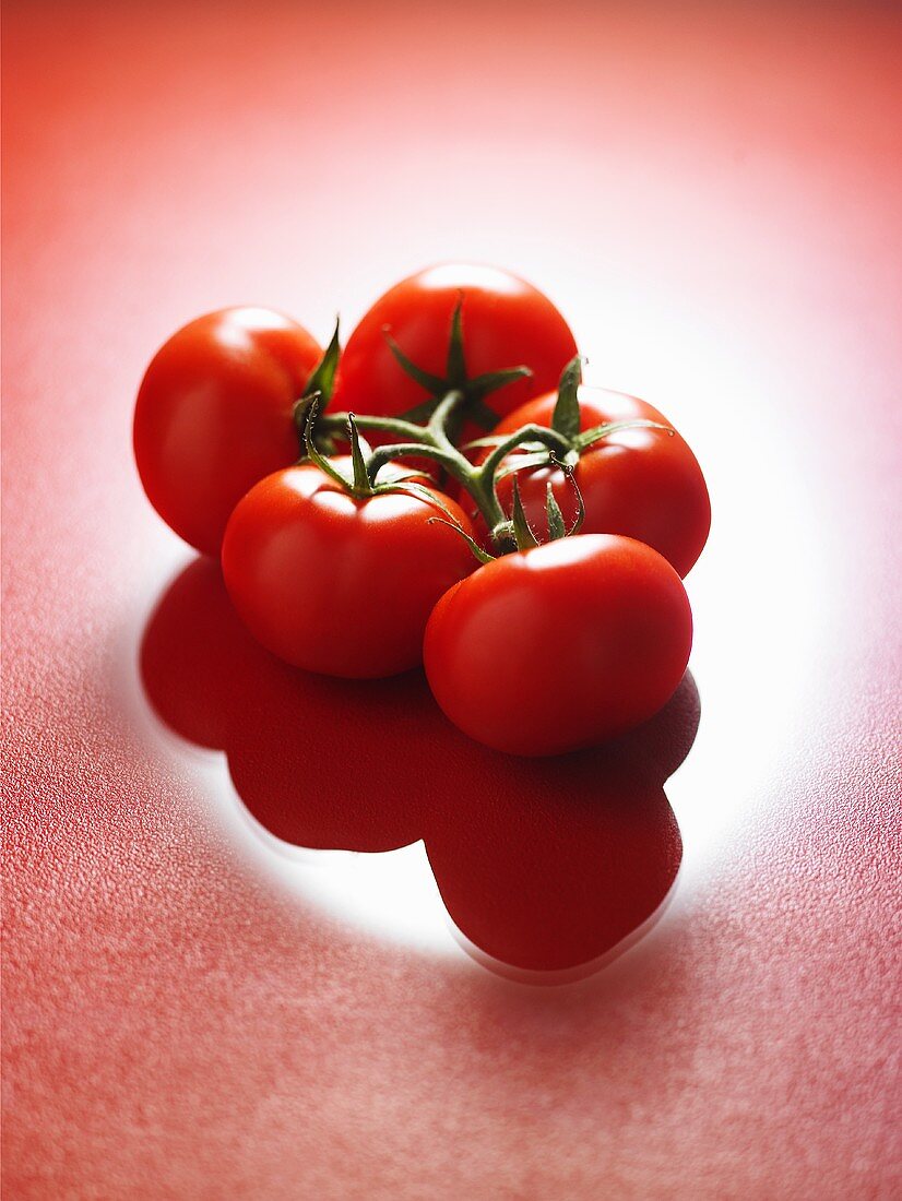 Fünf Tomaten an der Rispe