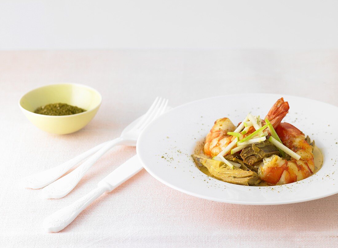 Prawns with artichoke and green apple