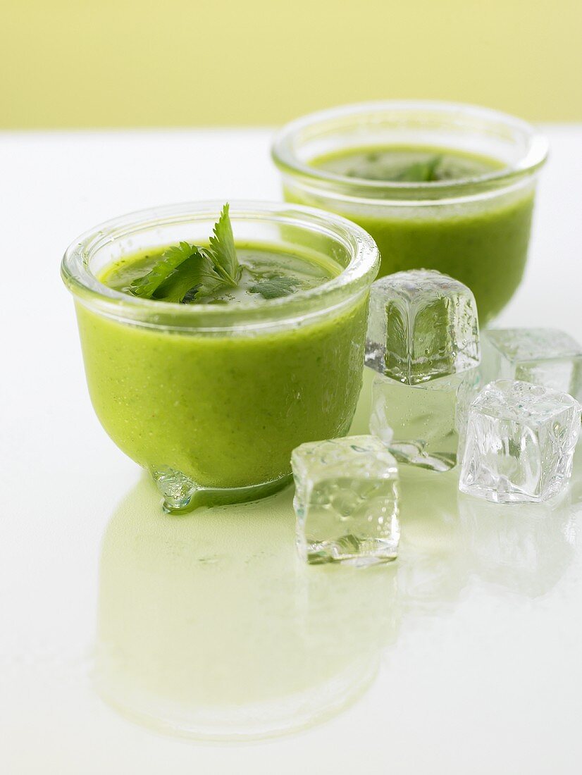 Two glasses of cold lettuce & cucumber soup with coriander