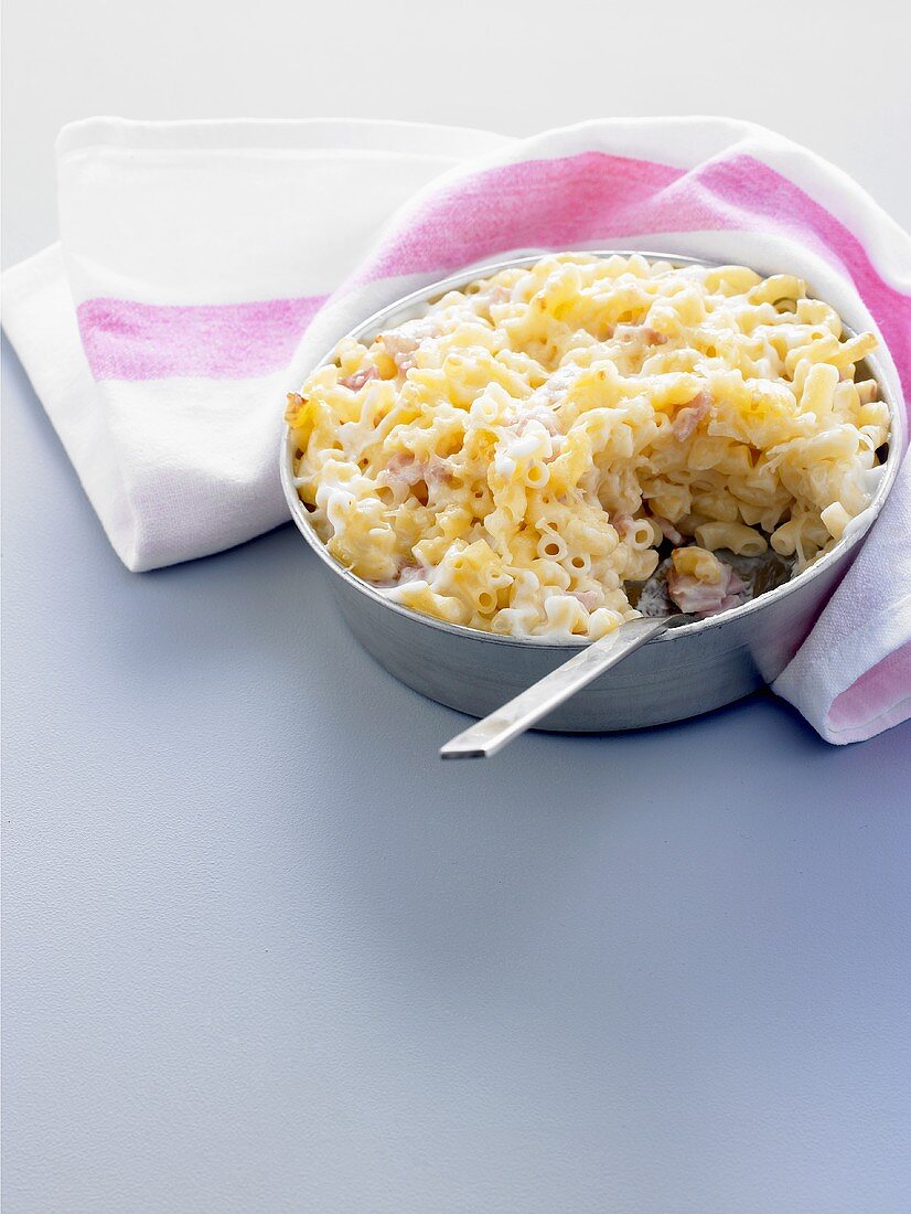 Elbow macaroni gratin with ham and Emmental cheese