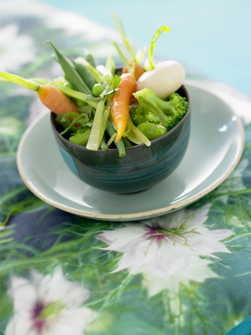 Fried root vegetables, broccoli and beans