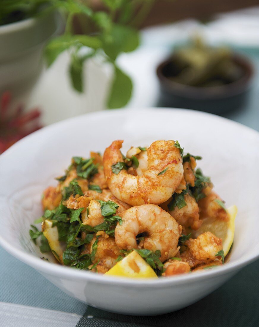 Fried prawns with garlic, sherry, chilli, parsley