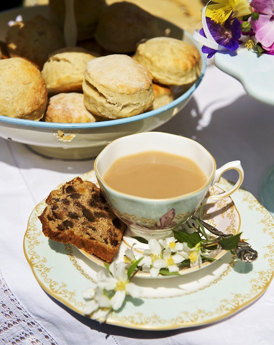 Scones and fruit loaf with a cup of tea