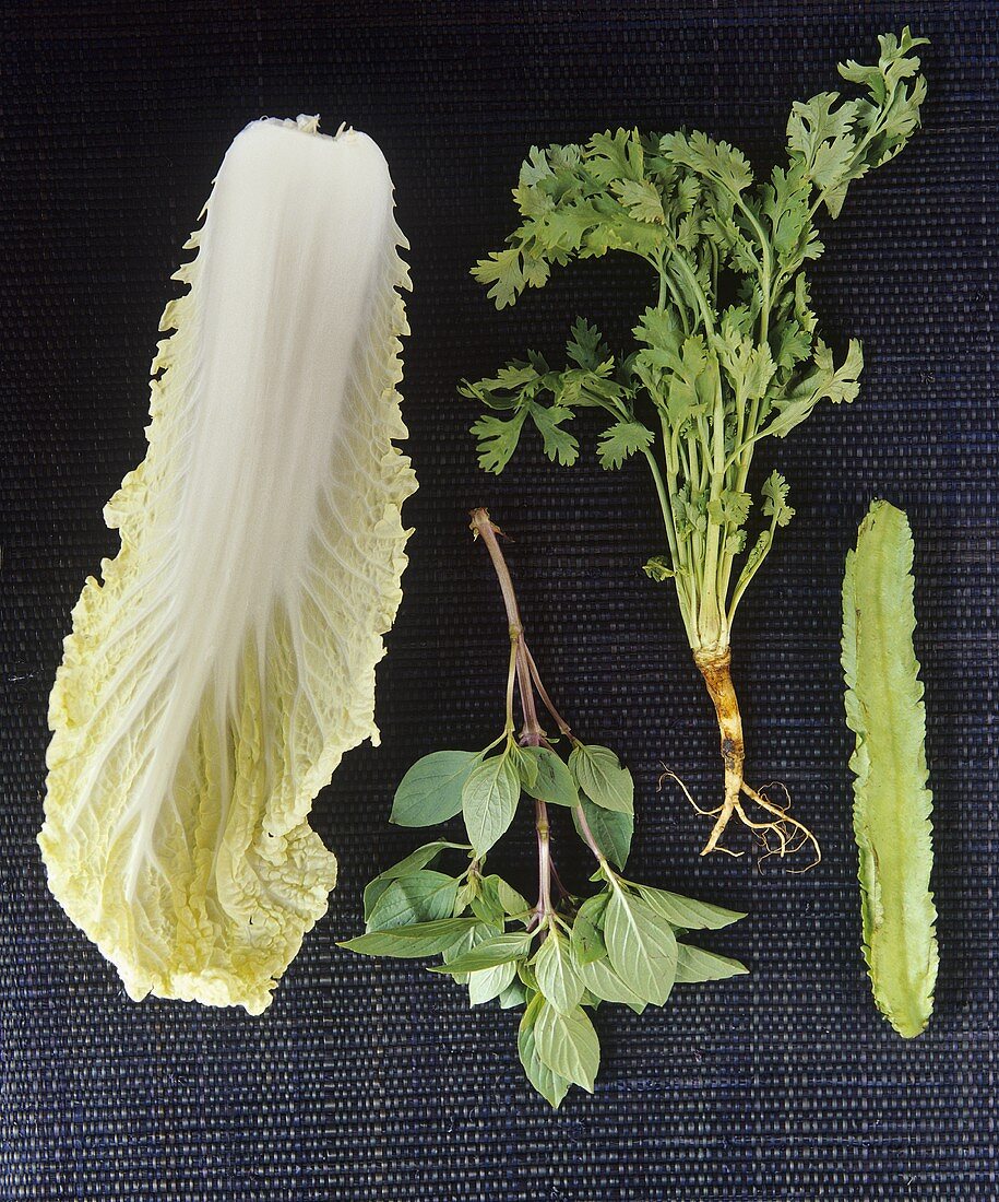 Goa bean, coriander, Thai basil and a Chinese cabbage leaf