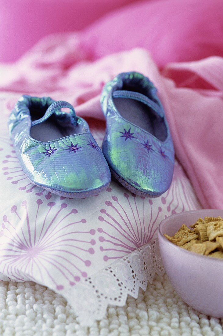 Indoor shoes on a cushion with cover and crackers