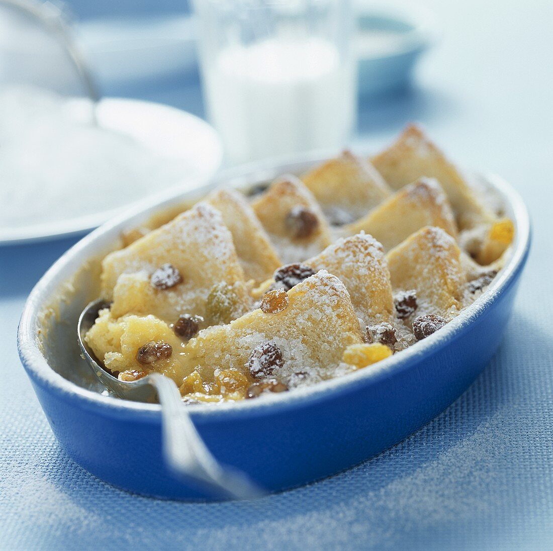 Bread and butter pudding with raisins for breakfast